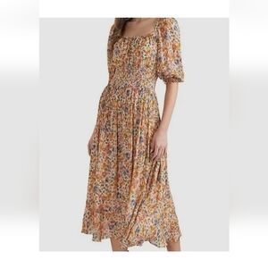 $495 Shoshanna Women's Beige Floral Smocked Celia Midi A-Line Dress Size 2